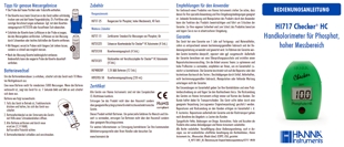 Mini-Photometer HI717 Checker HC für Phosphat Hoch, Bedienungsanleitung deutsch als PDF-Datei zum herunterladen und ausdrucken.